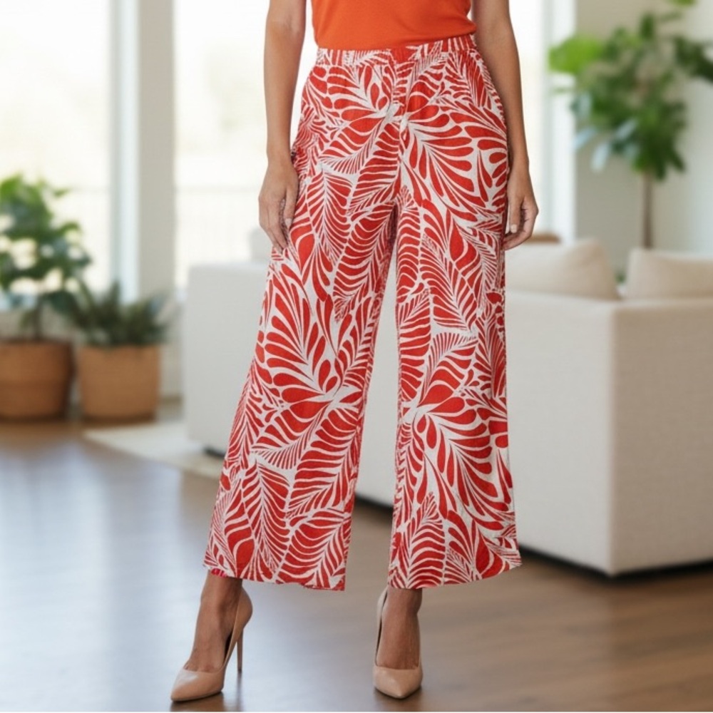 Mille Gabrielle M Tropical Wide Leg Pants Red White Palm Print Beach Resort